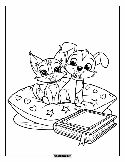 Cat And Dog Coloring Page for Kids: Cuddle time with a book, a soft pillow, and two best friends