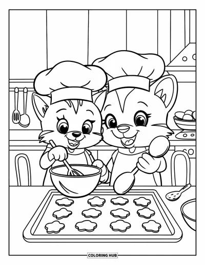 Cat And Dog Coloring Page for Kids: Flour flies as the cat and dog bake sweet treats together