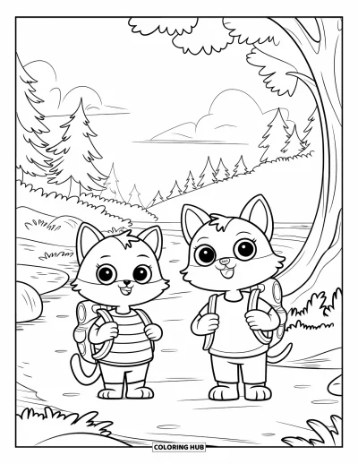 Cat And Dog Coloring Page for Kids: Forest friends on a hike, backpacks on, under tall peaceful trees