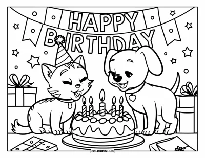 Cat And Dog Coloring Page for Kids: Party time! The cat and dog celebrate with cake and a banner