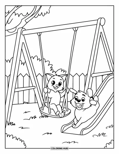 Cat And Dog Coloring Page for Kids: Playful moments as the cat swings and the dog slides at the park