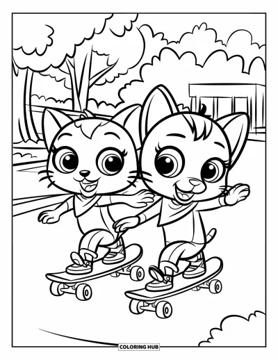 Cat And Dog Coloring Page for Kids: Rolling along! The cat and dog skate together through the park
