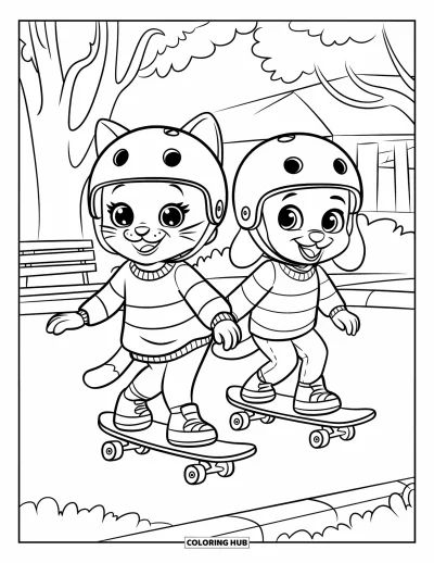Cat And Dog Coloring Page for Kids: Side-by-side, the cat and dog skate in matching striped outfits