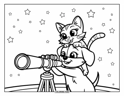 Cat And Dog Coloring Page for Kids: Stargazing buddies! The cat sits on the dog's shoulders to use the telescope