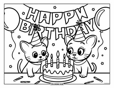 Cat And Dog Coloring Page for Kids: The cat and dog blow out candles on a birthday cake together