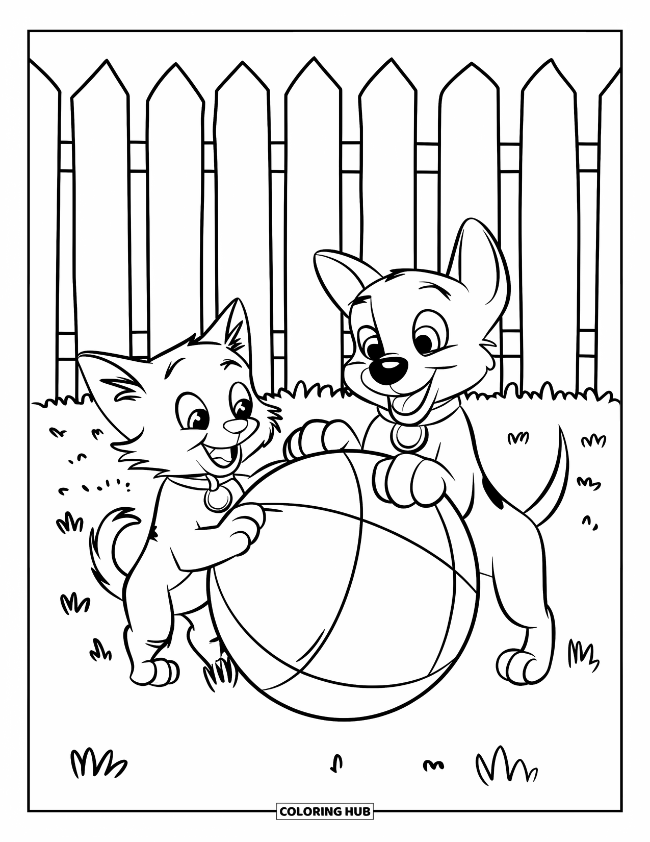 Kleurplaat Kat en Hond voor Kinderen: De kat en hond stuiteren samen met een grote bal in een grasveld