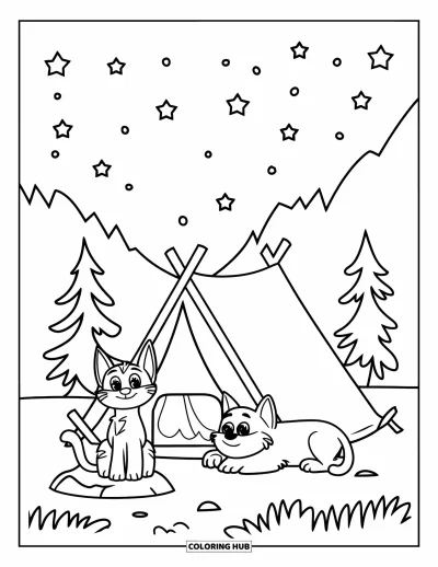 Cat And Dog Coloring Page for Kids: The cat and dog camp out under the stars near a little tent