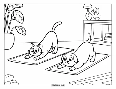 Cat And Dog Coloring Page for Kids: The cat and dog do yoga together in a calm, cozy room