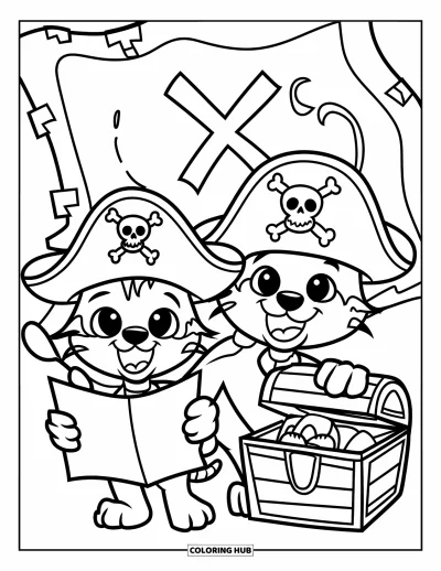 Cat And Dog Coloring Page for Kids: The cat and dog dress as pirates and search for hidden treasure