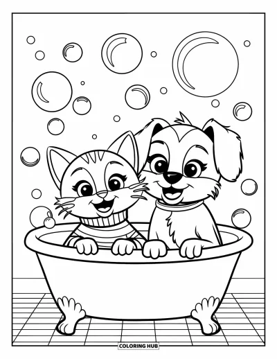Cat And Dog Coloring Page for Kids: The cat and dog enjoy a bubbly bath in a cheerful tub scene