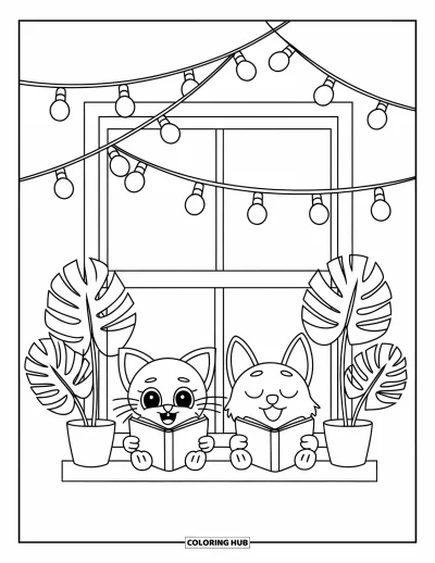 Cat And Dog Coloring Page for Kids: The cat and dog enjoy storytime under string lights on a windowsill