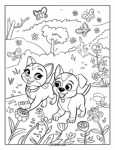 Cat And Dog Coloring Page for Kids: The cat and dog explore a garden filled with flowers and butterflies