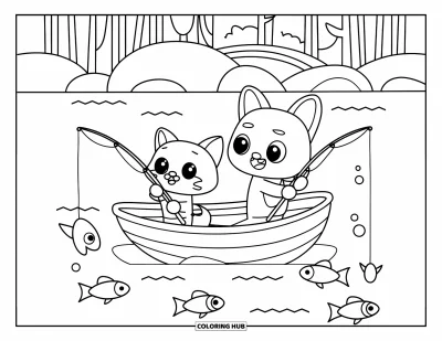 Cat And Dog Coloring Page for Kids: The cat and dog fish together on a boat by trees and a bridge