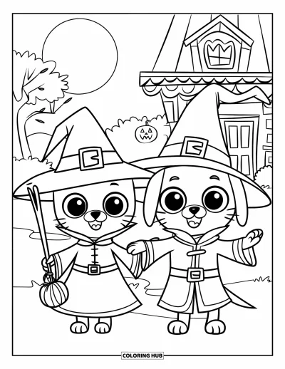 Cat And Dog Coloring Page for Kids: The cat and dog go trick-or-treating in their spooky Halloween costumes