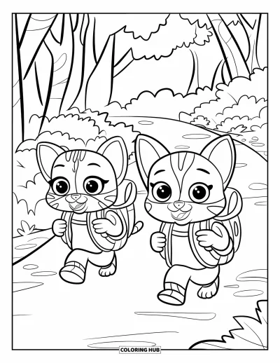 Cat And Dog Coloring Page for Kids: The cat and dog hike a forest trail wearing backpacks and smiles