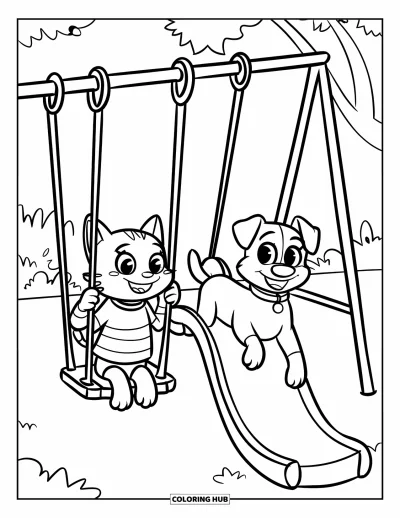 Cat And Dog Coloring Page for Kids: The cat and dog laugh and play on a swing and slide together
