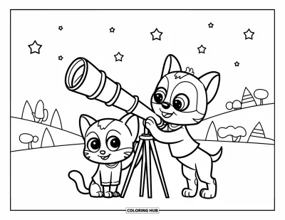 Cat And Dog Coloring Page for Kids: The cat and dog look at the stars together on a grassy hill