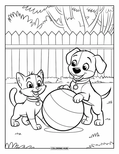 Cat And Dog Coloring Page for Kids: The cat and dog play with a big ball in a sunny backyard