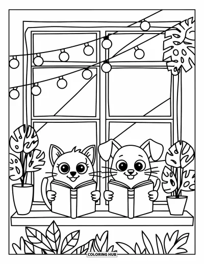 Cat And Dog Coloring Page for Kids: The cat and dog read books together on a cozy windowsill
