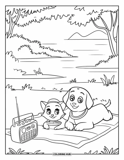 Cat And Dog Coloring Page for Kids: The cat and dog relax on a picnic blanket while music plays nearby