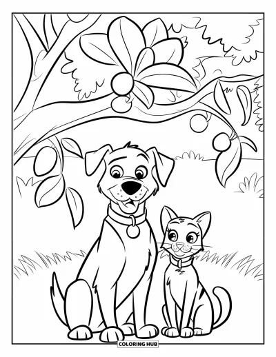 Cat And Dog Coloring Page for Kids: The cat and dog relax under a fruit tree in a bright green field