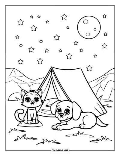 Cat And Dog Coloring Page for Kids: The cat and dog rest near a glowing tent under a moonlit sky