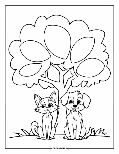 Cat And Dog Coloring Page for Kids: The cat and dog rest together under a tree with big, leafy branches