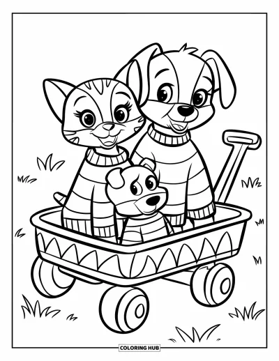 Cat And Dog Coloring Page for Kids: The cat and dog ride in a colorful wagon with a teddy bear friend