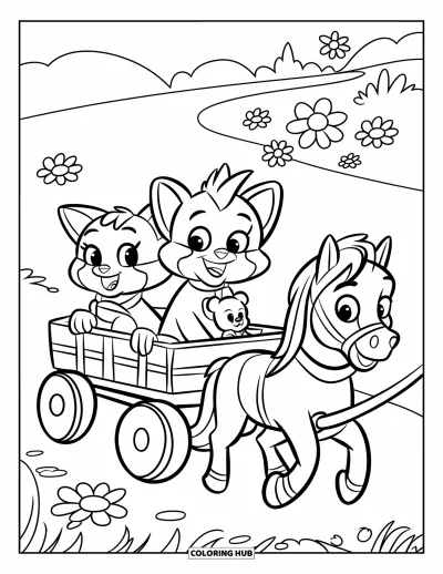 Cat And Dog Coloring Page for Kids: The cat and dog ride in a toy wagon with a teddy bear and a horse