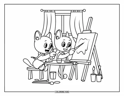 Cat And Dog Coloring Page for Kids: The cat and dog share paintbrushes and smiles near a sunny window