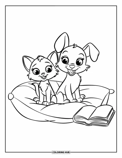 Cat And Dog Coloring Page for Kids: The cat and dog sit on a big pillow with a book nearby