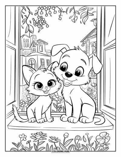 Cat And Dog Coloring Page for Kids: The cat and dog sit on a windowsill with flowers and watch the town below