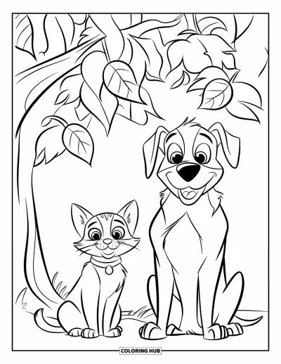 Cat And Dog Coloring Page for Kids: The cat and dog sit quietly under a leafy tree, side by side