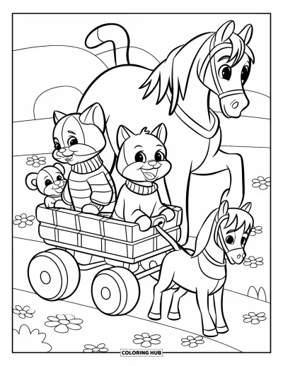 Cat And Dog Coloring Page for Kids: The cat and dog snuggle in a wagon pulled by a horse through the field