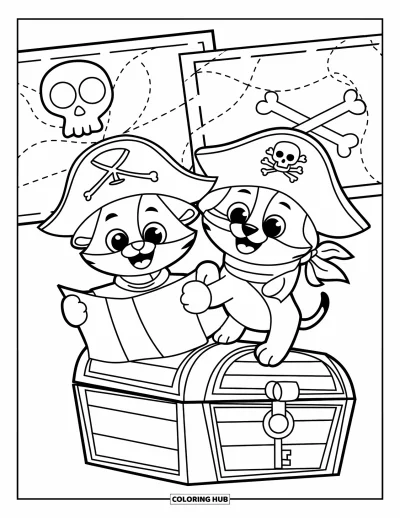 Cat And Dog Coloring Page for Kids: The cat and dog stand on treasure chests, ready for pirate adventures