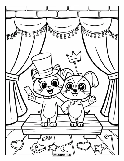Cat And Dog Coloring Page for Kids: The cat and dog strike a pose by a photo booth full of props