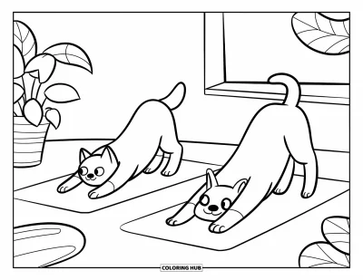 Cat And Dog Coloring Page for Kids: The cat and dog strike yoga poses on mats in a quiet room