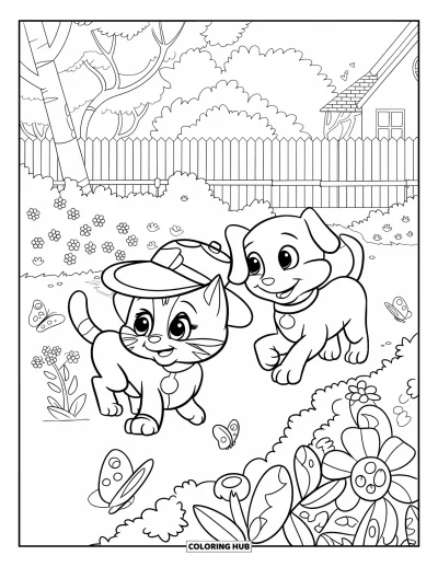 Cat And Dog Coloring Page for Kids: The cat and dog stroll through a flowery garden full of butterflies