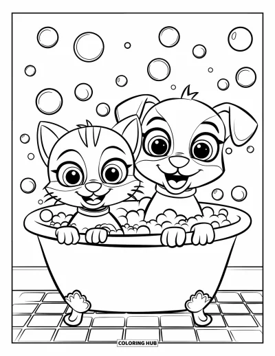 Cat And Dog Coloring Page for Kids: The cat and dog take a bubbly bath with floating bubbles