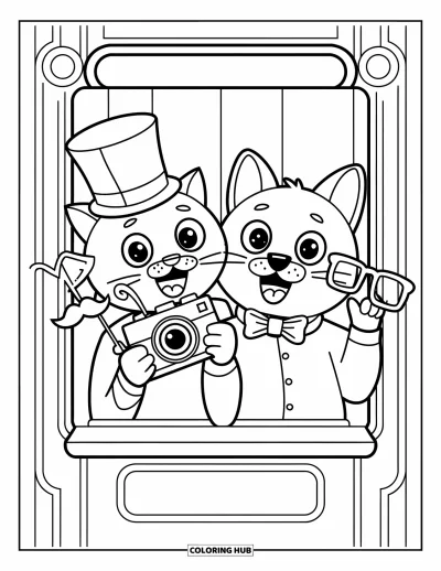 Cat And Dog Coloring Page for Kids: The cat and dog take a selfie with silly photo booth props