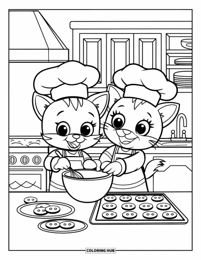 Cat And Dog Coloring Page for Kids: The cat and dog team up to bake cookies in the kitchen