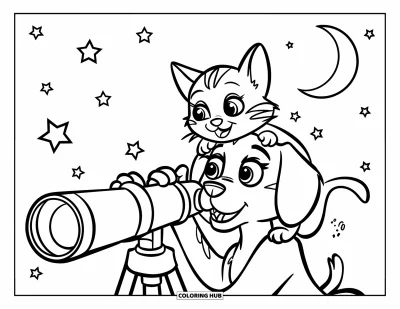 Cat And Dog Coloring Page for Kids: The cat and dog use a telescope to gaze at the night sky