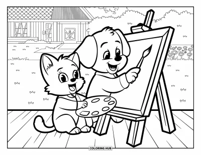 Cat And Dog Coloring Page for Kids: The cat and dog work on a painting together by a house with flowers