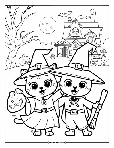 Cat And Dog Coloring Page for Kids: The cat is a witch and the dog is a wizard out trick-or-treating