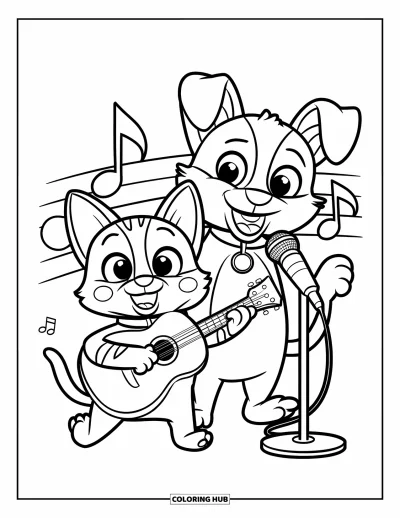 Cat And Dog Coloring Page for Kids: The cat plays guitar while the dog belts out a song nearby