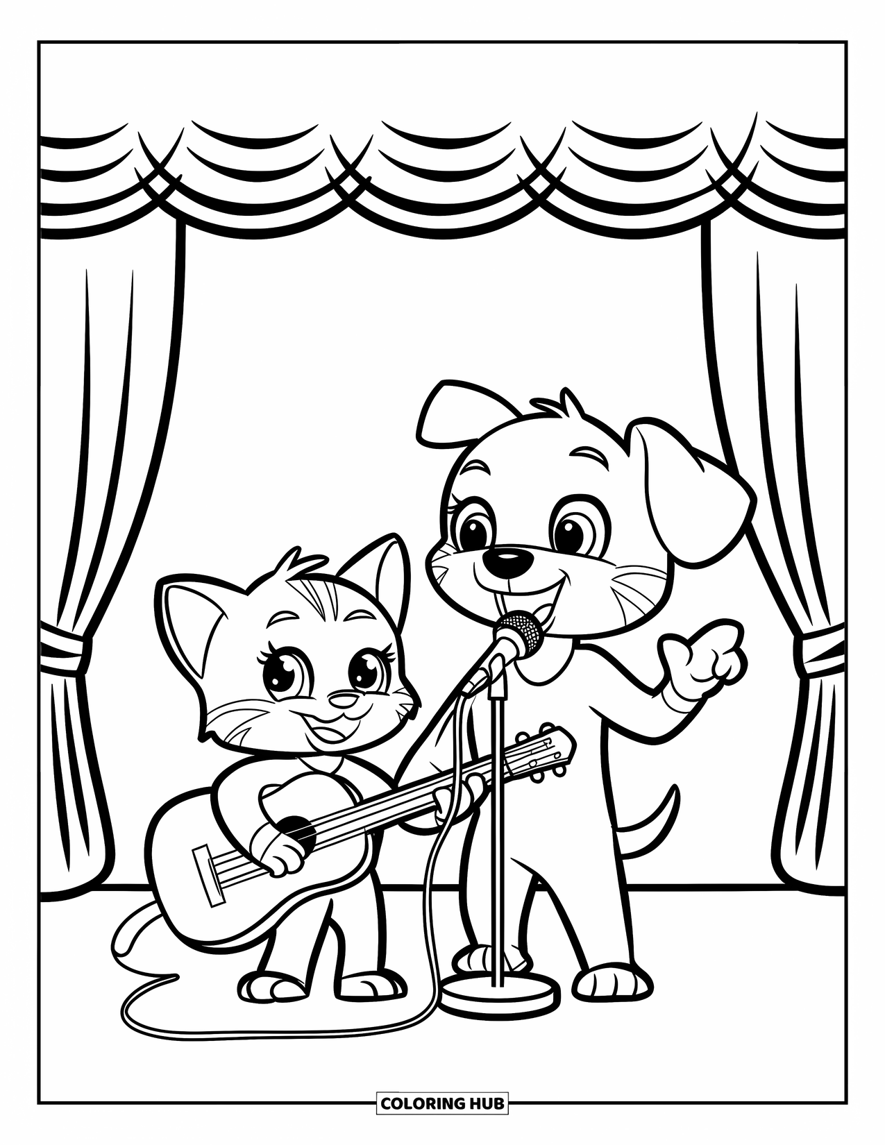 Kleurplaat Kat en Hond voor Kinderen: De kat speelt gitaar terwijl de hond in een microfoon zingt op het podium