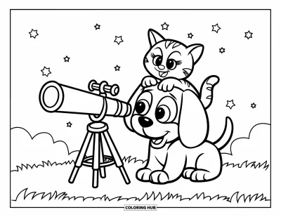 Cat And Dog Coloring Page for Kids: Under the stars, the cat and dog share a telescope in a quiet field