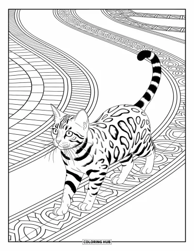 Cat Coloring Page for Adults: A Bengal cat steps across an ornate mosaic path, its silhouette surrounded by intricate artistic patterns