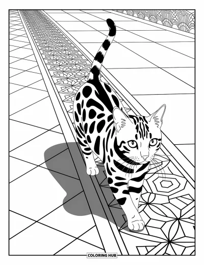 Cat Coloring Page for Adults: A Bengal cat strides along a detailed mosaic path, framed by intricate patterns and delicate flourishes