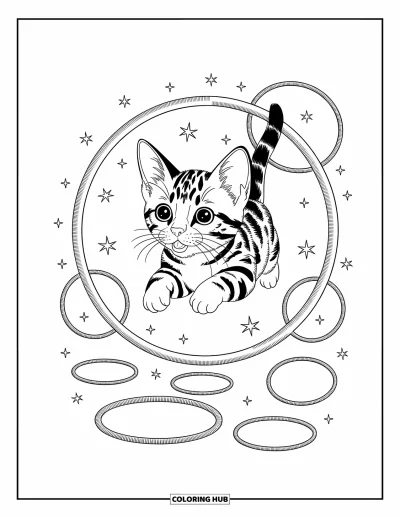 Cat Coloring Page for Adults: A Bengal kitten joyfully jumps through a hoop, with tiny stars and playful hoops floating around
